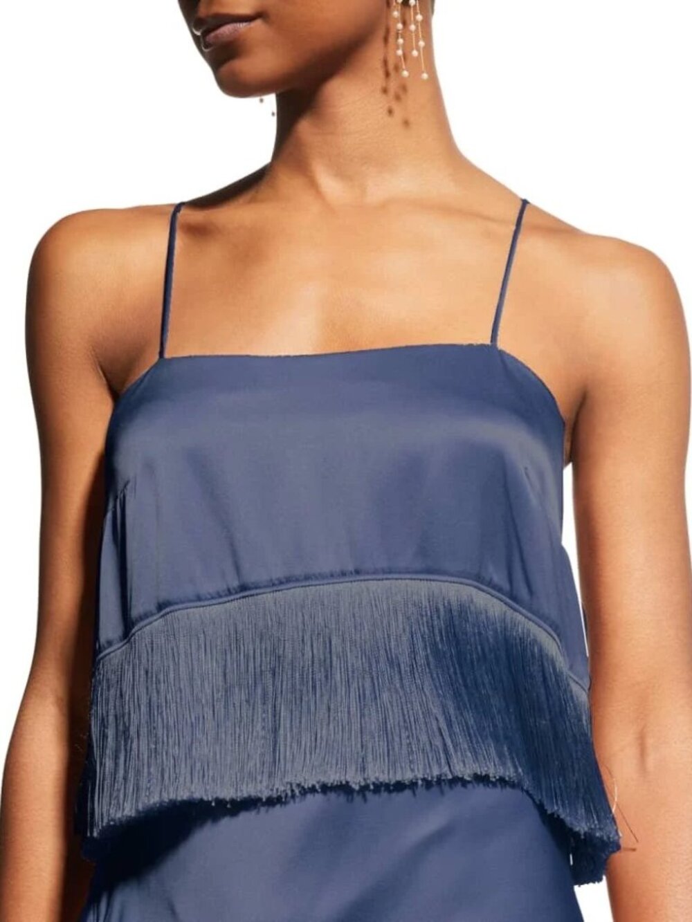 Cinq à Sept Eastwood Fringe Silk-Satin Midi Dress Square Neck Navy Blue - Picture 2 of 6